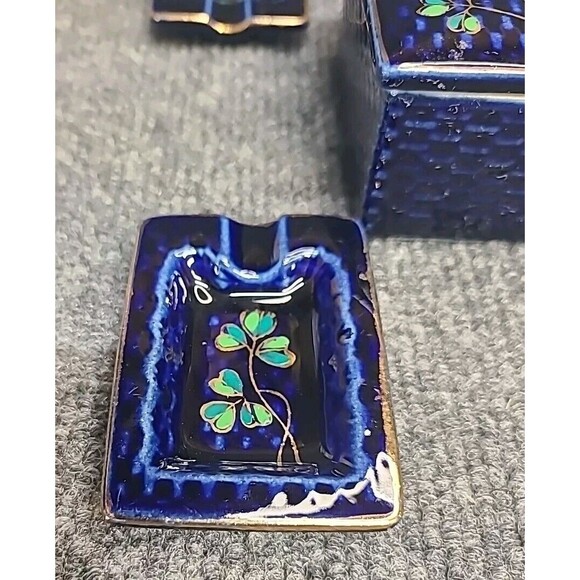 Ceramic Individual 4-Ashtray Box w/Lid Cobalt Blue Japan Antique - Picture 2 of 11